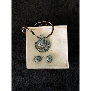 Vintage Set of Ceramic Pendant on Leather Cord with Matching Earrings in Box